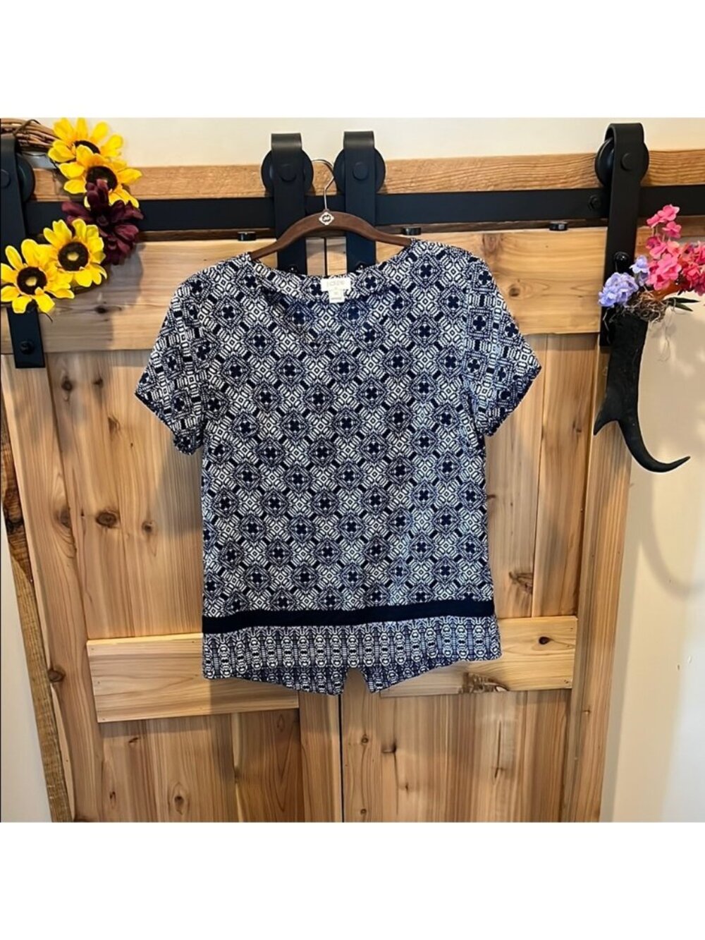 J. Crew Navy and White Geometric Blouse